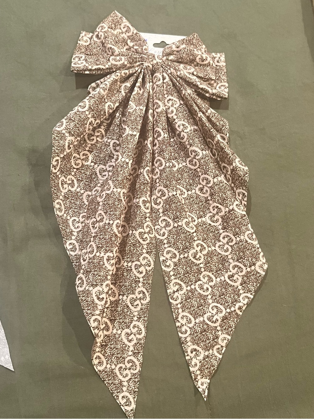 GG Monogram Bow Scarf Hair Tie in Brown and Cream